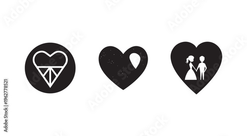 Heart shapes with love and relationship symbols for Valentines Day or romantic designs  heart icons with couple and diamond