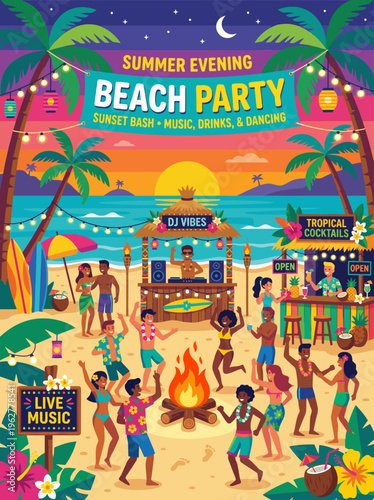 People enjoying a vibrant summer evening beach party with music and tropical cocktails