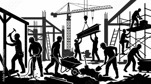 Construction workers engaged in various tasks on a building site with a crane