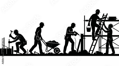 Construction workers engaged in various tasks on a building site with tools and scaffolding