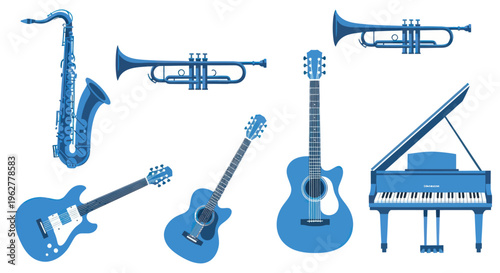 Blue musical instruments on white background.