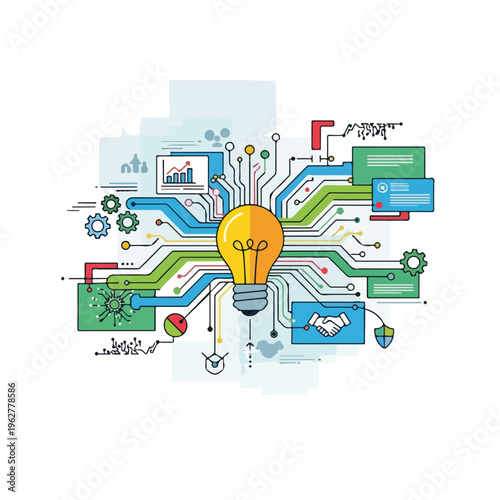 Colorful illustration with lightbulb as the central focus