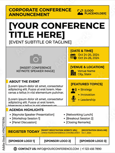 Corporate conference announcement with placeholder text and sponsor logos displayed prominently
