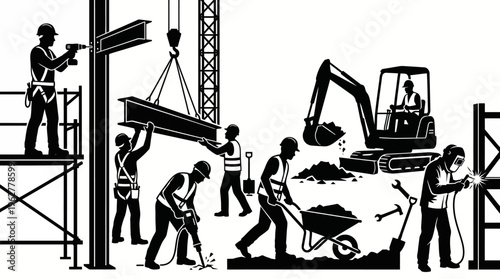Construction workers engaged in various tasks on a building site with heavy machinery