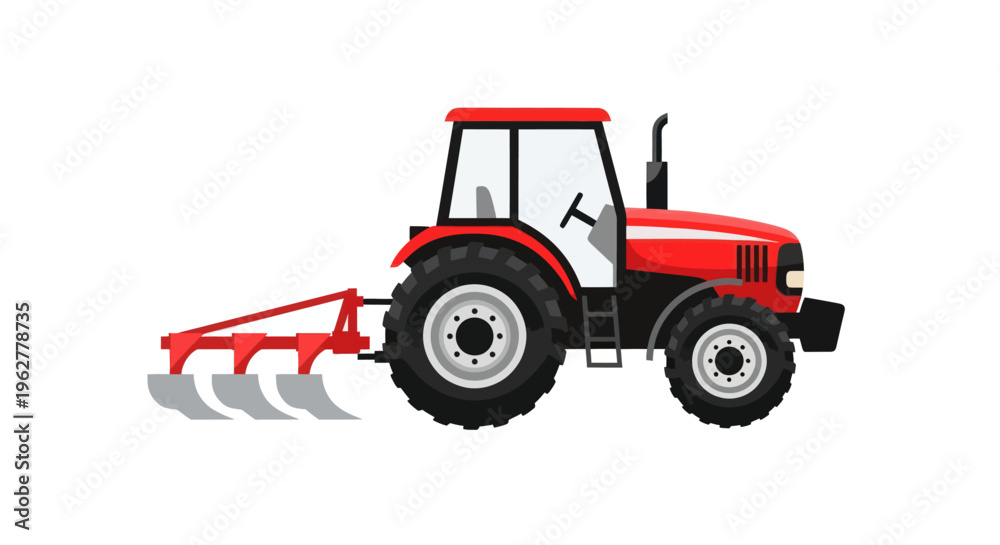 Naklejka premium Red Tractor with Plow Attached Side.
