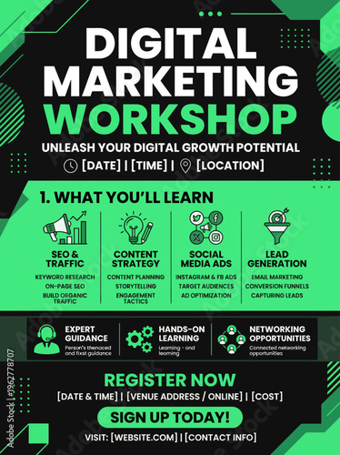 Digital marketing workshop flyer with green and black background and white text