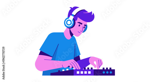Young man wearing headphones DJing music.