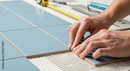 Installing fresh ceramic tiles on a floor for home renovation concept