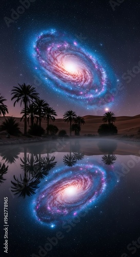 Stunning Spiral Galaxy Reflected in Calm Desert Oasis Water at Night.