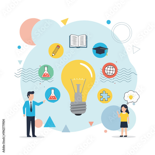 Colorful illustration with people, lightbulb, and education icons