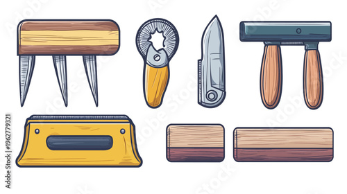 Graphic tools illustration, featuring a mix of wooden and metal handcrafted instruments
