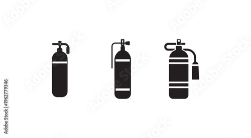 Scuba diving oxygen tanks with various regulators and straps for underwater breathing equipment  used for safety and convenience  three black silhouettes