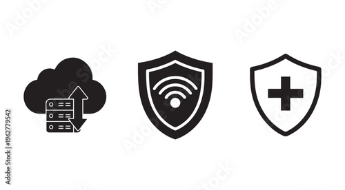 Security icons set with cloud server shield and medical cross symbol  internet protection and safety concept