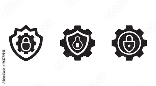 Security shield and gear icons with lock symbol  protection and safety concept  secure protection icons