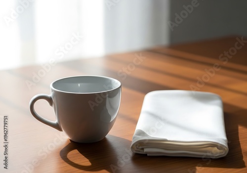 Elegant still life featuring a white mug and folded napkin bathed in soft morning sunlight on a wooden table
