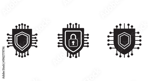 Security shield icons with microchip circuit board elements for protection and safety concepts  isolated on white background