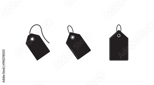 Set of black price tags with strings for labeling objects  various orientations