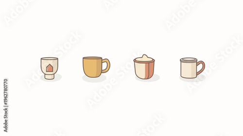 Four cute, pastel-colored, outlined mugs, each a unique design, stand on a white background