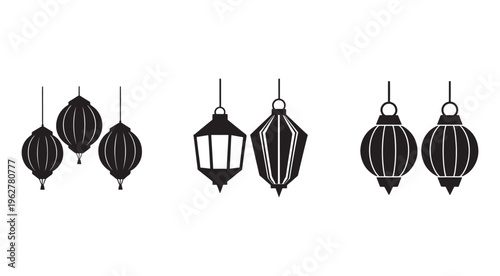 Set of hanging lanterns isolated on white background for decoration and design