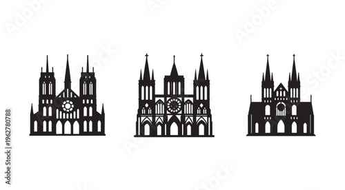 Set of Gothic church building silhouettes with spires and stained glass windows  architectural icons