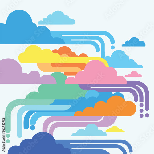 Colorful, layered clouds with curved lines and various cloud shapes