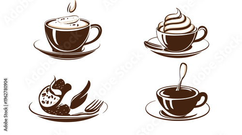 4 cups w/ various drinks (coffee, dessert) on plates w/ utensils, brown stylized graphic