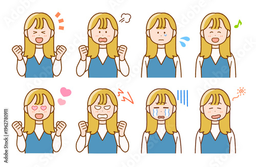若い女性の表情イラストセット｜喜怒哀楽・コミカル