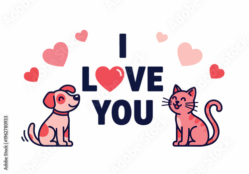 Cute Dog and Cat Couple with Hearts Saying I Love You on Valentine's Day