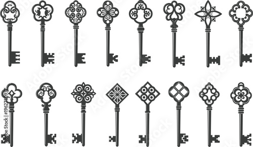 Vintage ornate key collection with antique skeleton keys decorative handles isolated vector set for security, mystery, locksmith and retro design themes