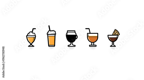 Row of five drink icons, various styles and colors, sitting on white background