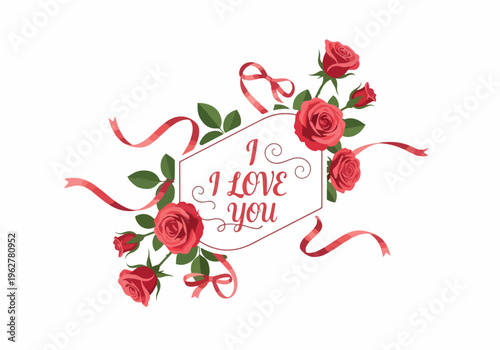 Beautiful romantic floral arrangement featuring red roses and elegant ribbons, with the words I LOVE YOU inscribed within a decorative frame, perfect for expressing affection and adoration