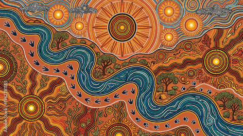 Vibrant Aboriginal artwork featuring sun, river, and tree designs in orange background