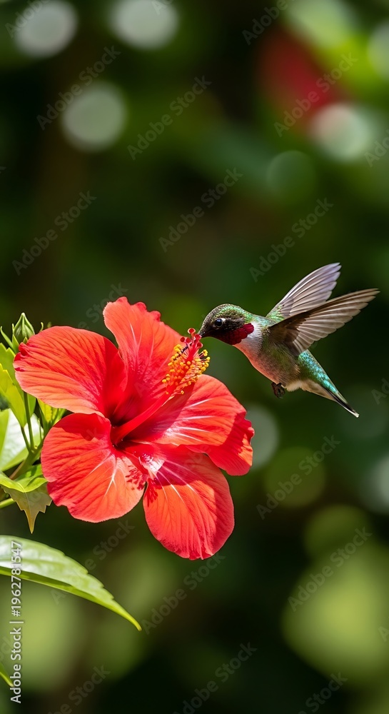 Naklejka premium A tiny hummingbird hovers gracefully to feed on a vibrant red hibiscus flower.