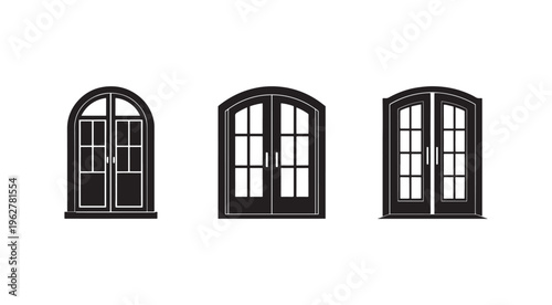 Set of three black silhouette windows with white panes and different shapes and sizes  architectural elements for graphic design
