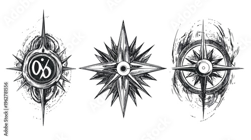 Three unique, monochromatic compass rose illustrations with distressed, hand-drawn texture