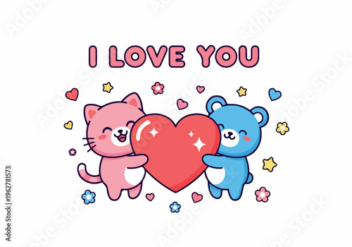 Cute cartoon cat and bear hugging a large red heart with 'I LOVE YOU' text and twinkling stars, conveying affection and romance
