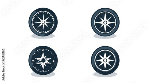 Four compasses with star-shaped indicator, gray border, and shadow on white background
