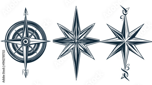 Three compass rose designs in blue line art with a sketchy style on a white background
