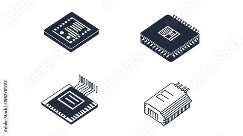 Four stylized isometric microchips with unique circuit designs on a white background