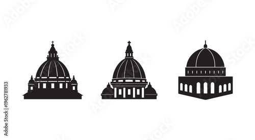 Set of three domed building silhouettes with towers and arches on white background  architectural icons