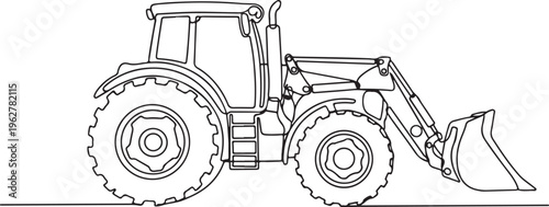 Line drawing of a tractor with a front loader