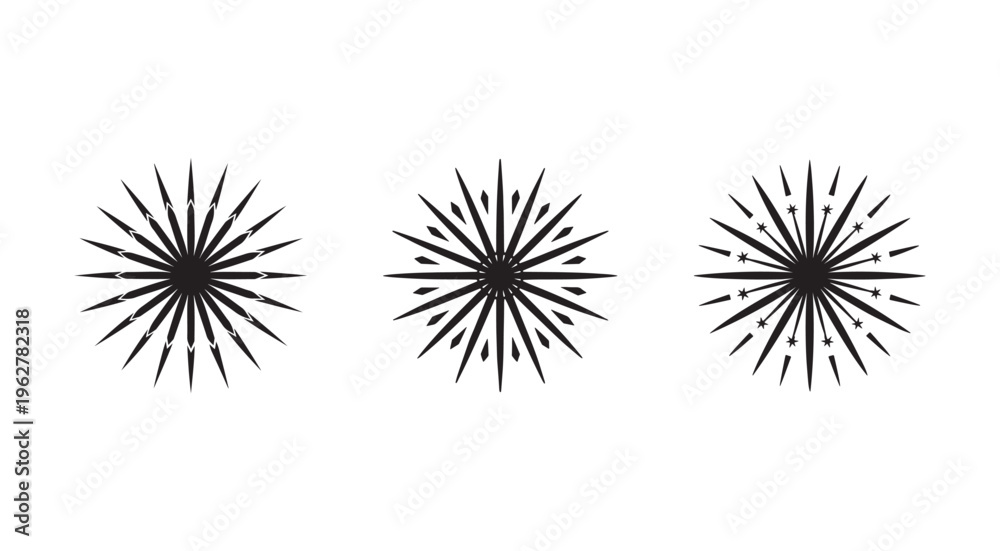 Obraz premium Setofthreeblackabstractradialstarburstdesignelementswithvaryingshapesandsizesforgraphicdesign