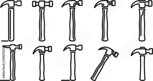 Collection of various hammers in different positions and angles