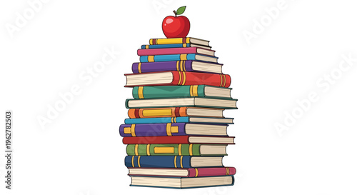 Illustration of a stack of colorful books topped with a red apple on a plain white background for World Book Day