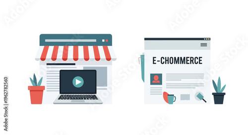 E-commerce, online shopping, business icons, vector graphics, digital storefront, website design elements