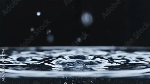 Dynamic water surface with falling drops creating ripples against a dark background