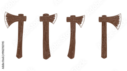 Four hand-drawn axes with wooden handles and dull metal blades in a row on a white backdrop