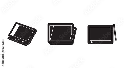 Tablet computers with stylus pens and screens in different angles and positions  electronic devices