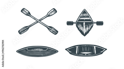 Four views of boats and crossed oars rendered with an etched, sketched style