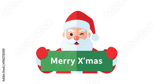 Jolly Santa Claus character winking and holding a green banner with merry x-mas text isolated on a clean white background.